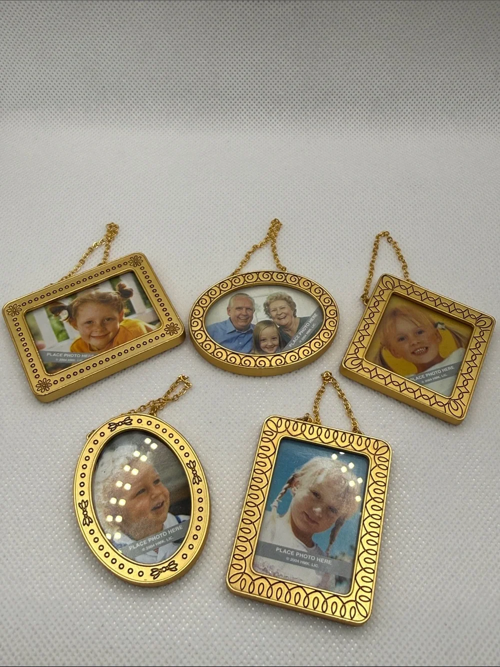 5 Small Gold tone Hanging Photo picture Frames detailed metal